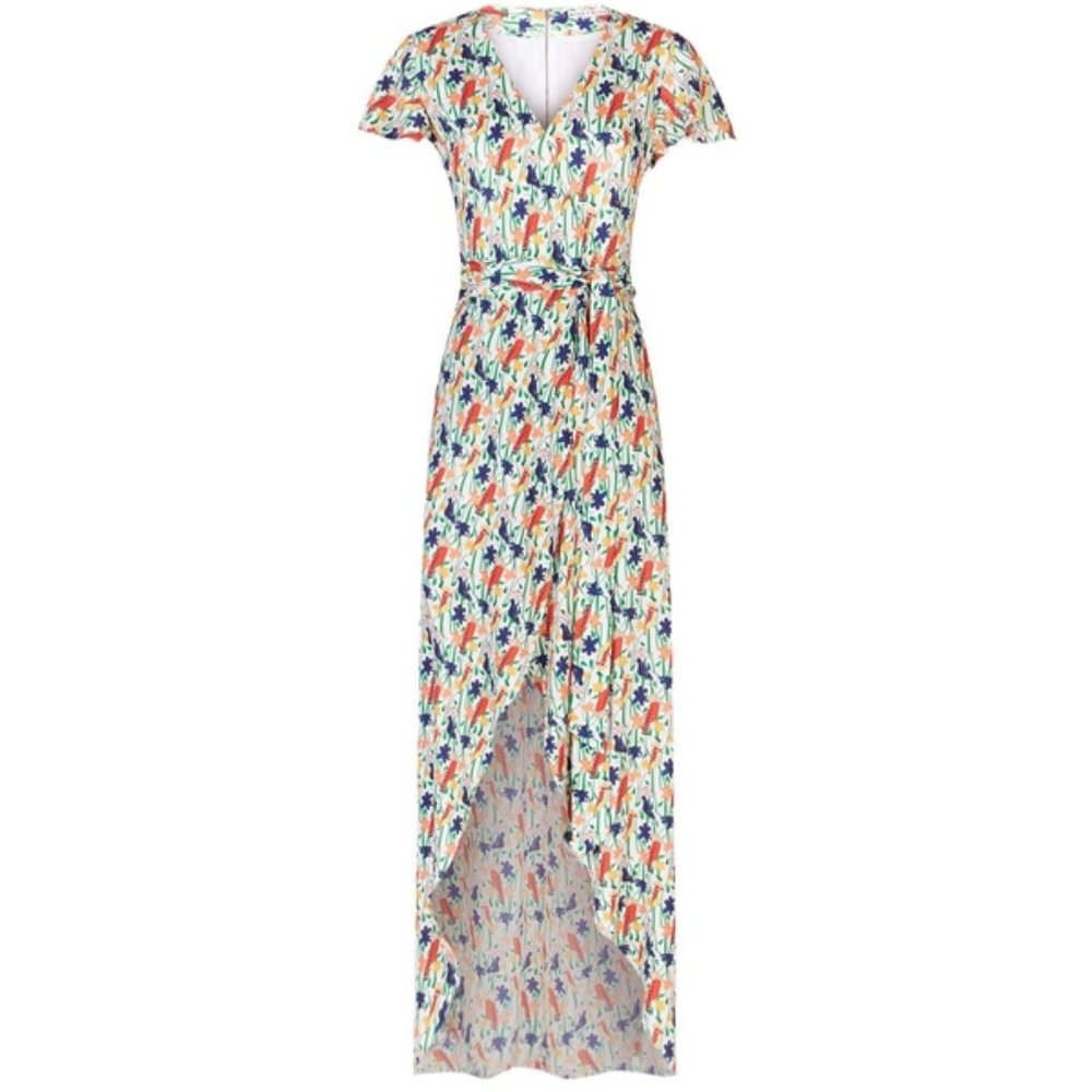 Alice + Olivia Adrianna Bird Party Mock-Wrap Maxi Dress